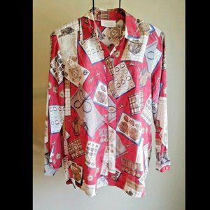 Equestrian Print Vtg Red Button Front Top Bust 40"